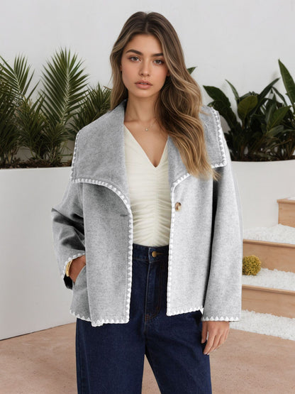 Light Gray Short Jacket with Wide Lapel and Scalloped Trim