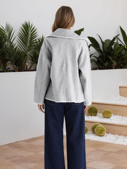 Light Gray Short Jacket with Wide Lapel and Scalloped Trim
