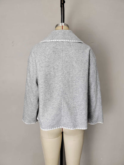 Light Gray Short Jacket with Wide Lapel and Scalloped Trim