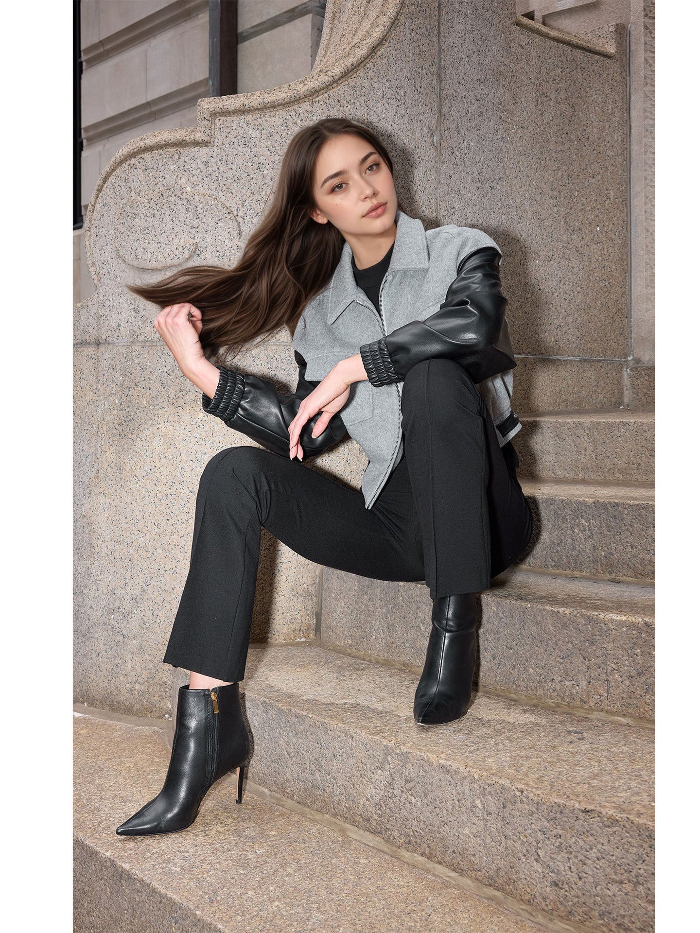 Color-Blocked Cropped Jacket with PU Leather Sleeves