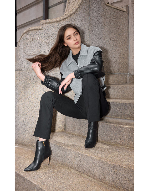 Color-Blocked Cropped Jacket with PU Leather Sleeves
