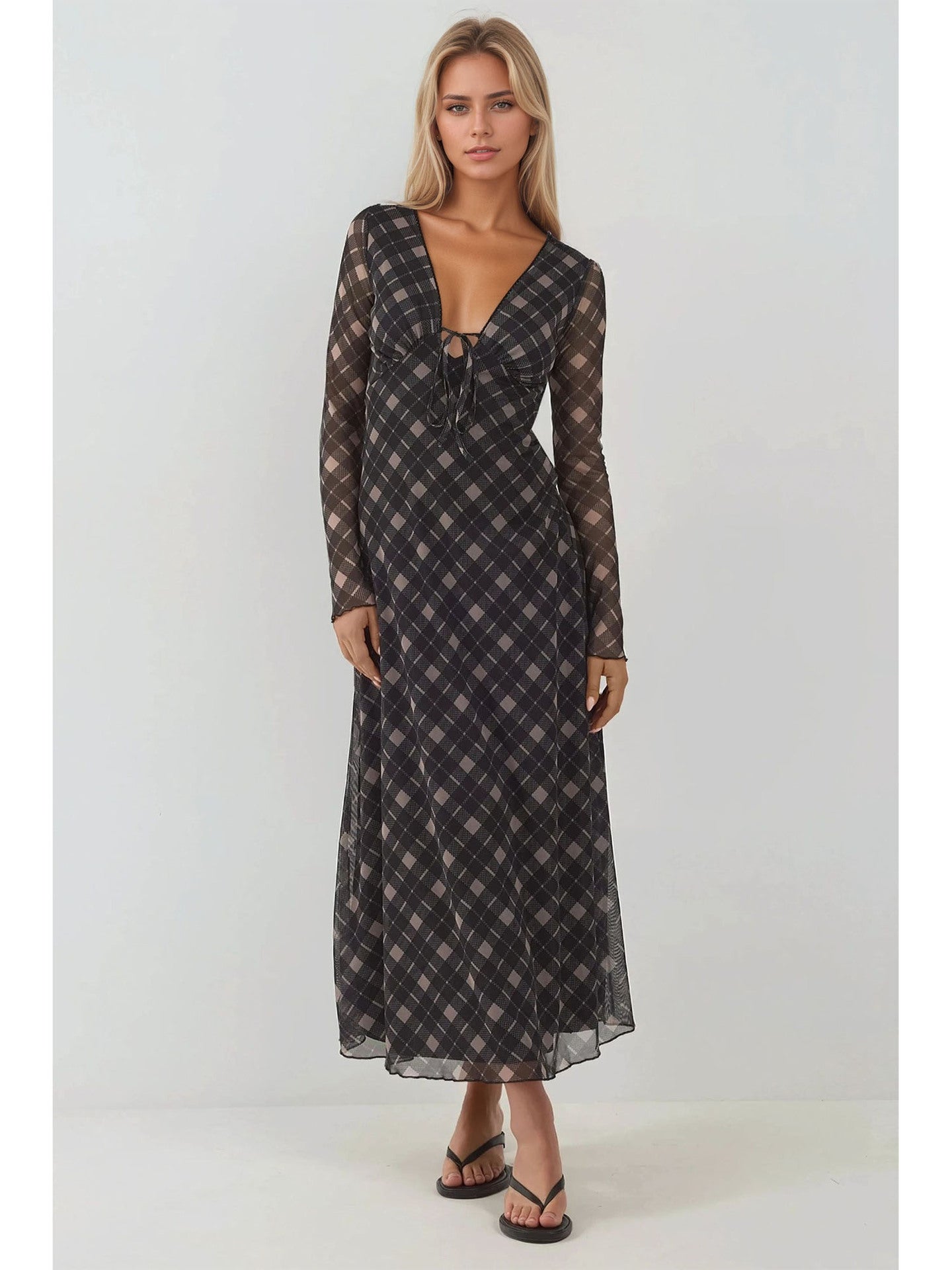 Plaid Maxi Dress with V-Neck Tie Front and Sheer Sleeves