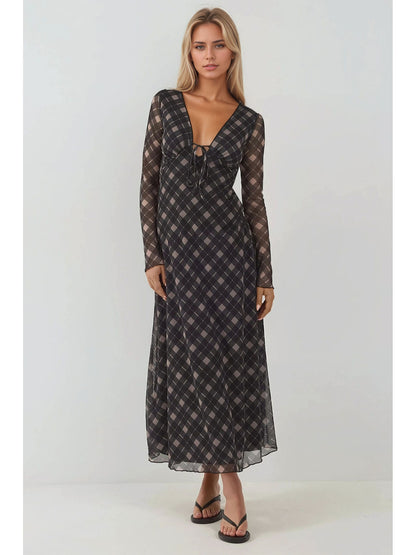 Plaid Maxi Dress with V-Neck Tie Front and Sheer Sleeves