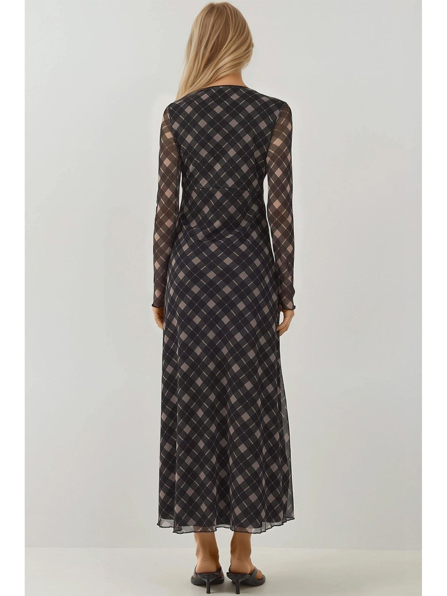 Plaid Maxi Dress with V-Neck Tie Front and Sheer Sleeves