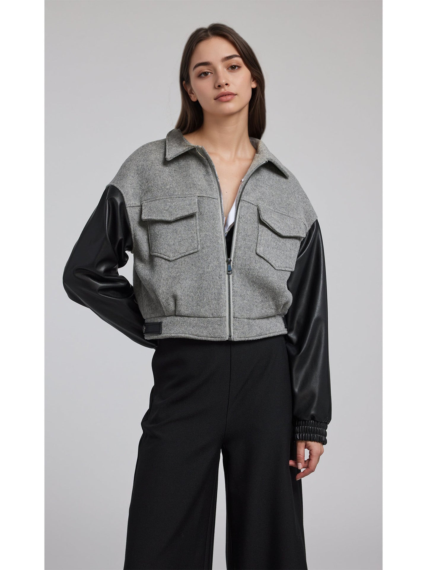 Color-Blocked Cropped Jacket with PU Leather Sleeves