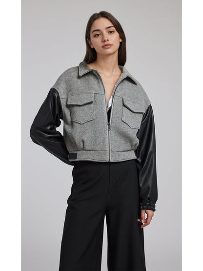 Color-Blocked Cropped Jacket with PU Leather Sleeves