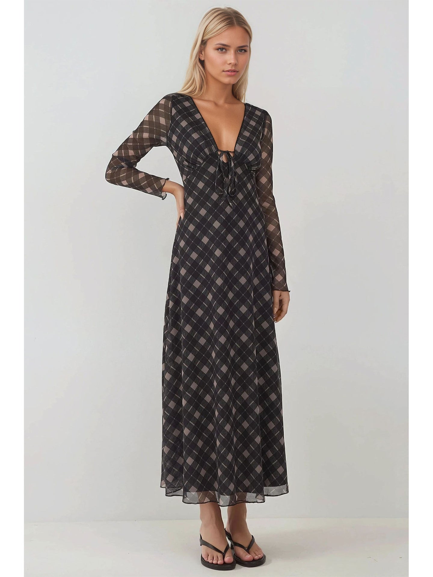 Plaid Maxi Dress with V-Neck Tie Front and Sheer Sleeves