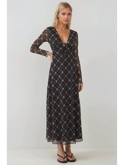 Plaid Maxi Dress with V-Neck Tie Front and Sheer Sleeves
