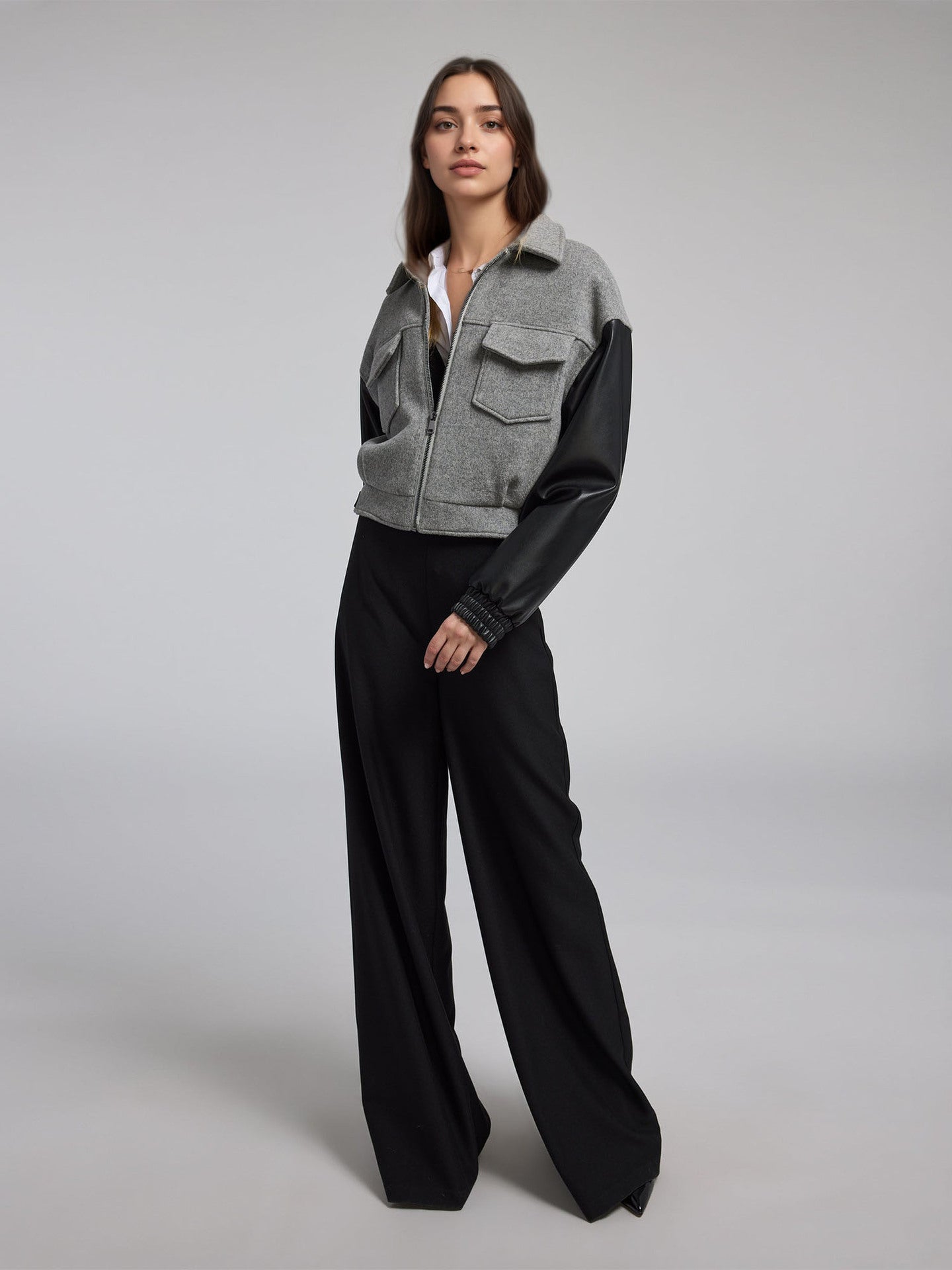Color-Blocked Cropped Jacket with PU Leather Sleeves