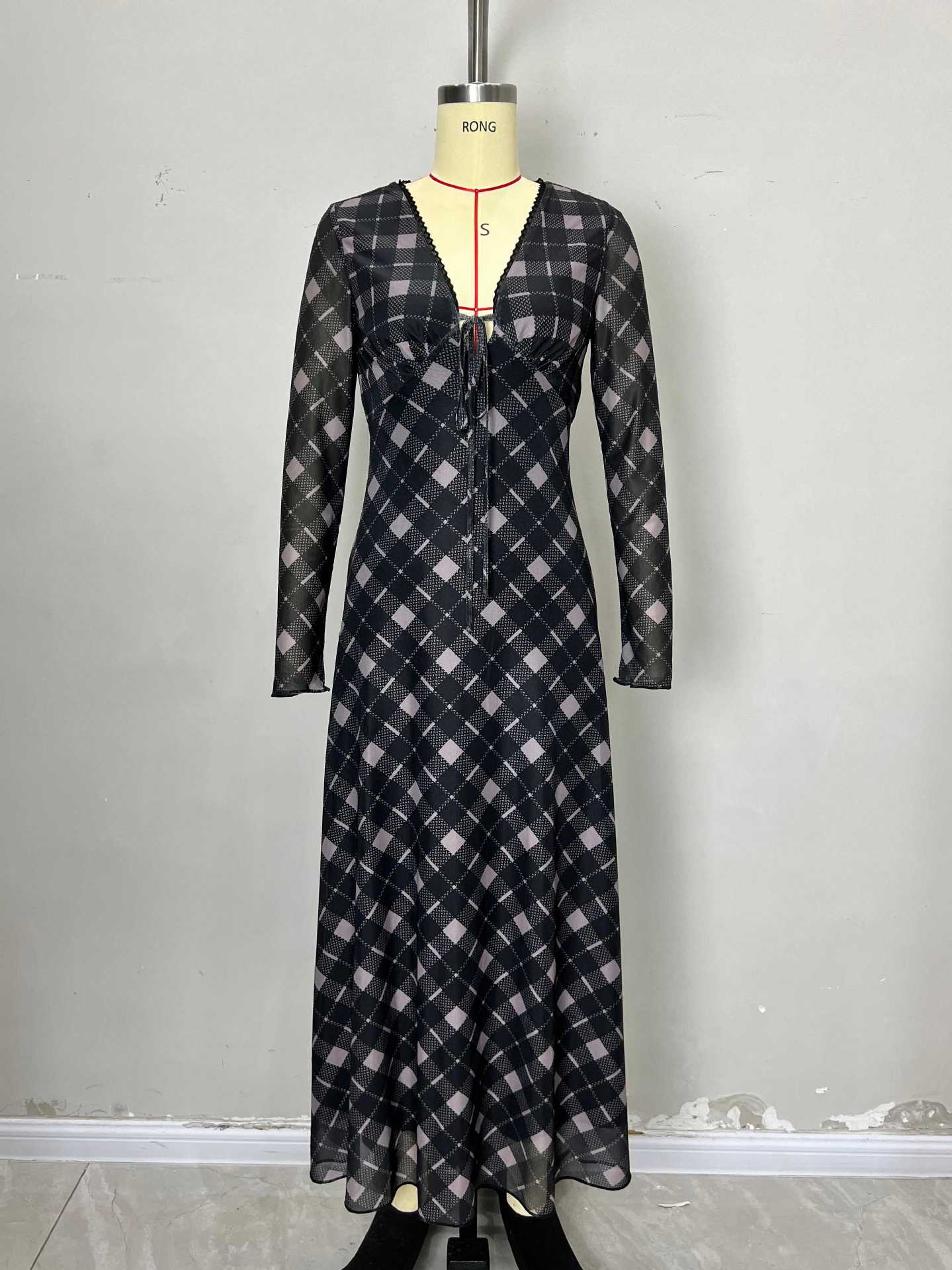 Plaid Maxi Dress with V-Neck Tie Front and Sheer Sleeves