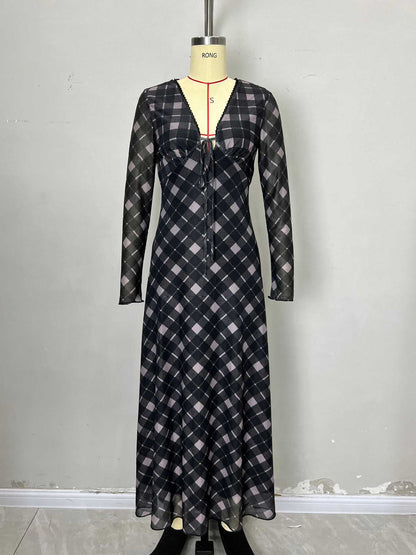 Plaid Maxi Dress with V-Neck Tie Front and Sheer Sleeves