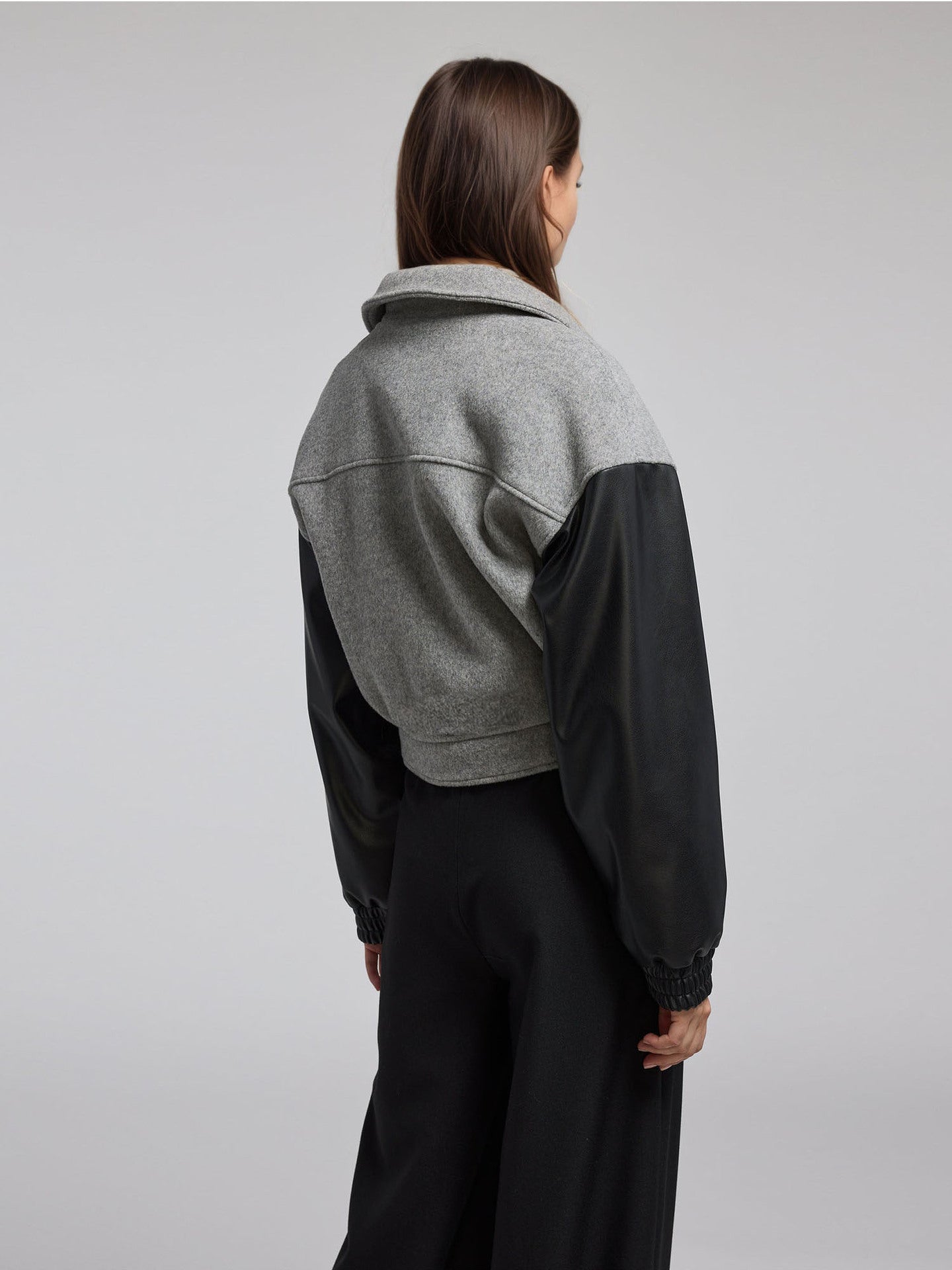 Color-Blocked Cropped Jacket with PU Leather Sleeves