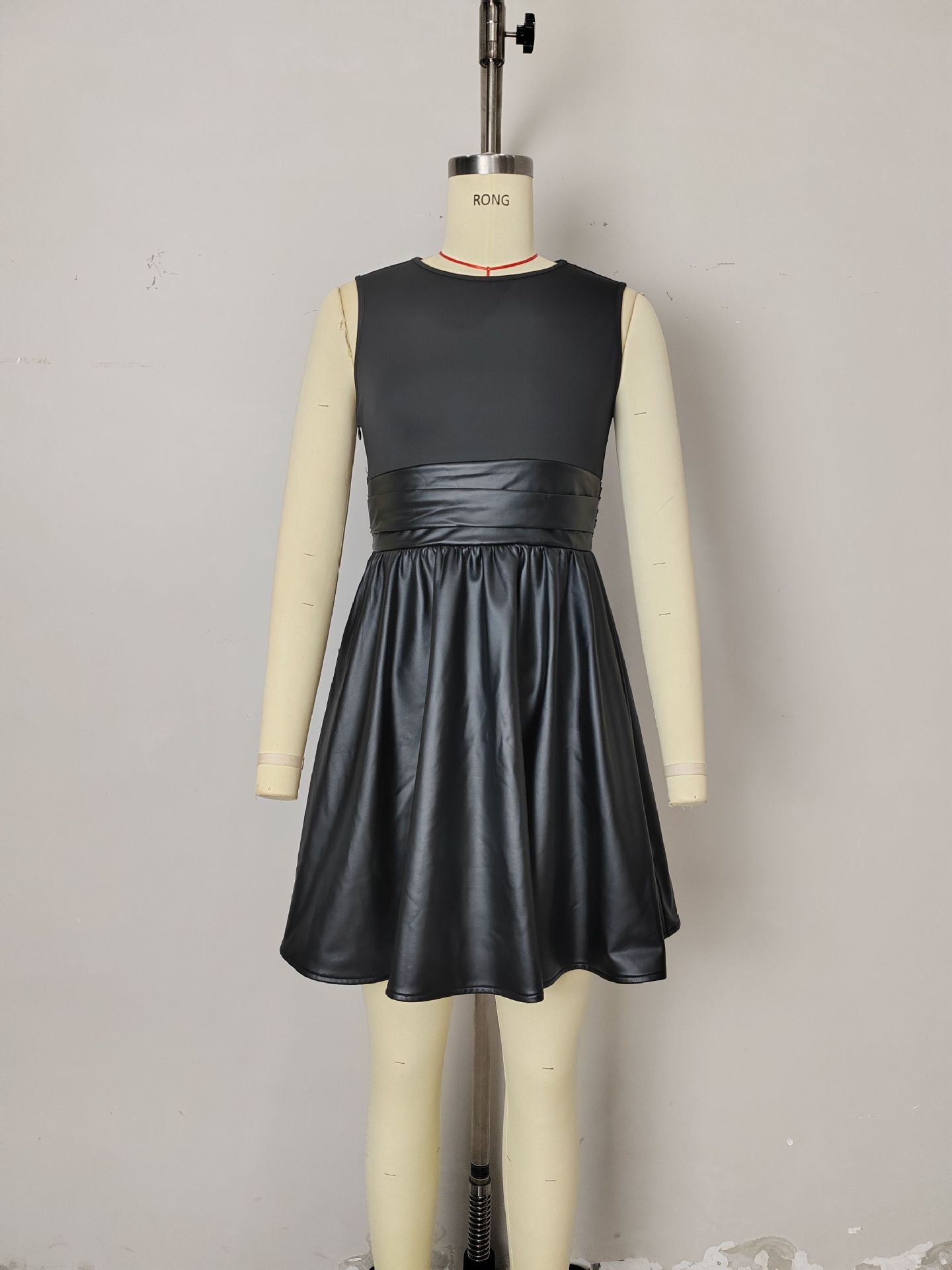 Sleeveless Round Neck A-Line Mini Dress with Faux Leather Splicing