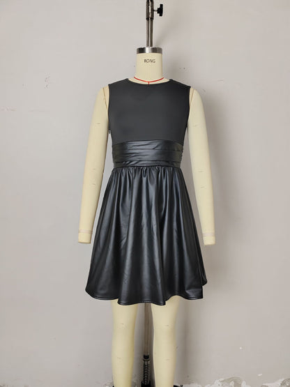 Sleeveless Round Neck A-Line Mini Dress with Faux Leather Splicing