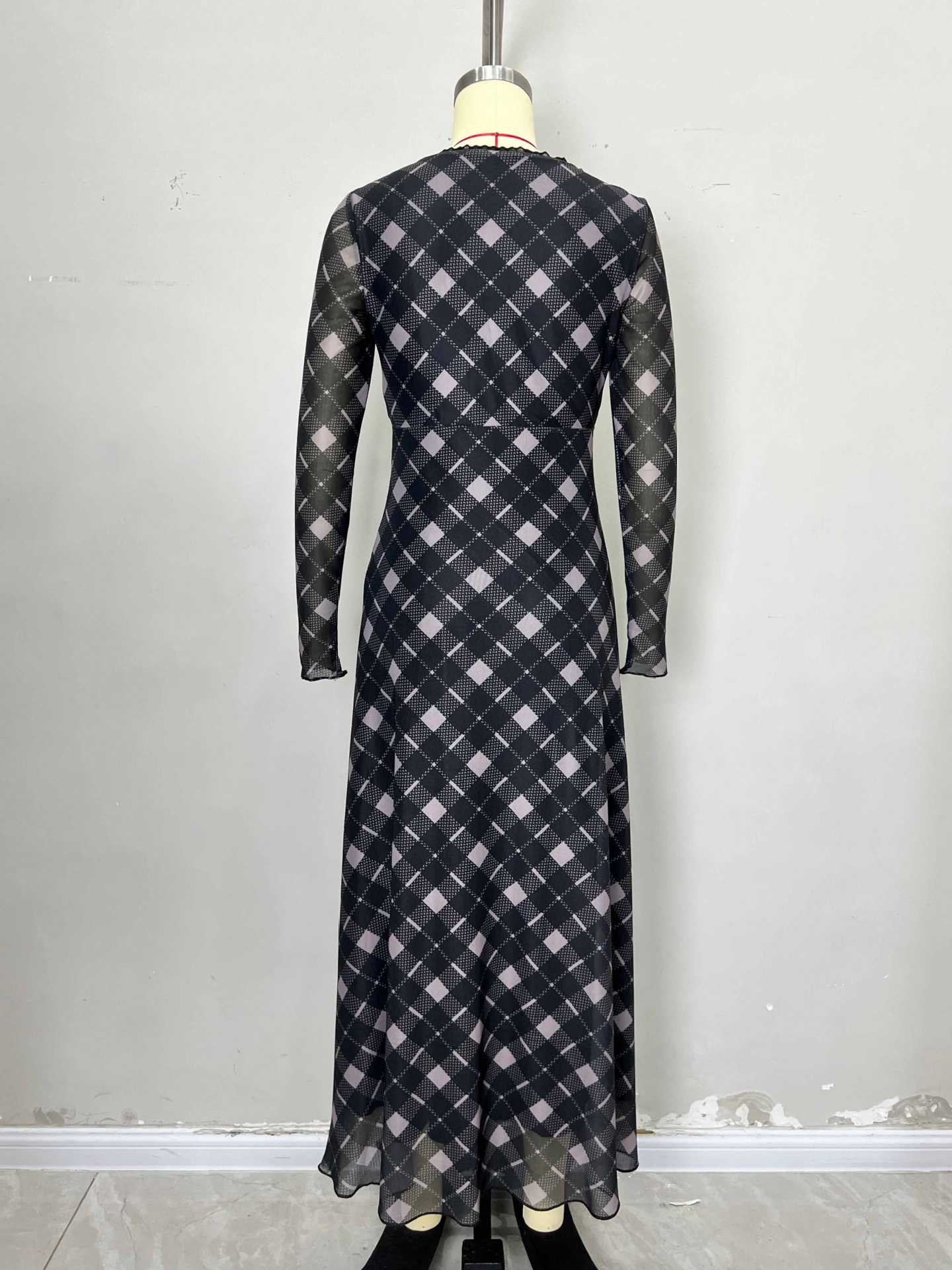 Plaid Maxi Dress with V-Neck Tie Front and Sheer Sleeves