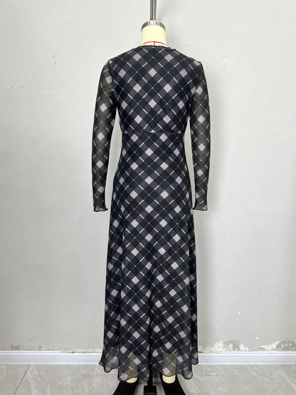 Plaid Maxi Dress with V-Neck Tie Front and Sheer Sleeves