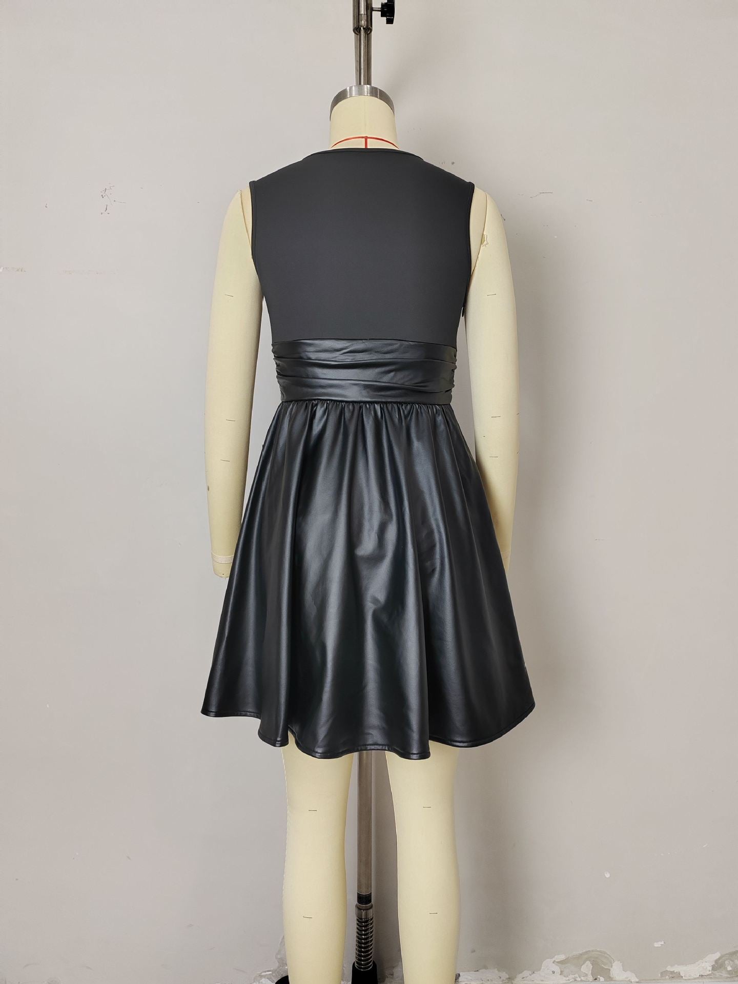Sleeveless Round Neck A-Line Mini Dress with Faux Leather Splicing