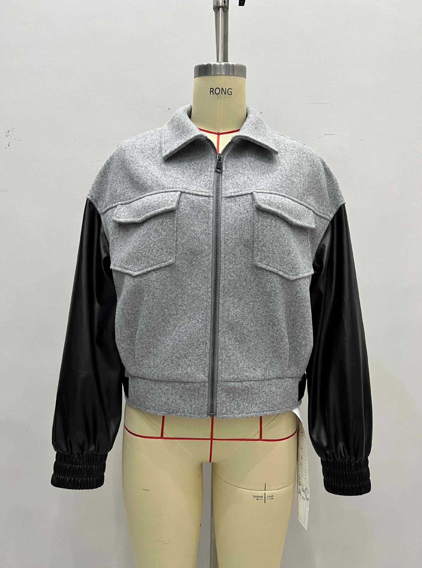 Color-Blocked Cropped Jacket with PU Leather Sleeves