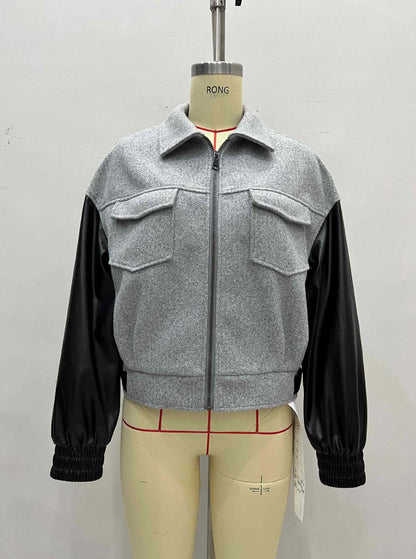 Color-Blocked Cropped Jacket with PU Leather Sleeves