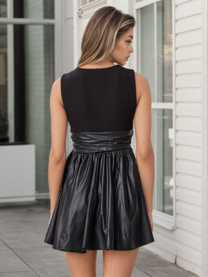 Sleeveless Round Neck A-Line Mini Dress with Faux Leather Splicing