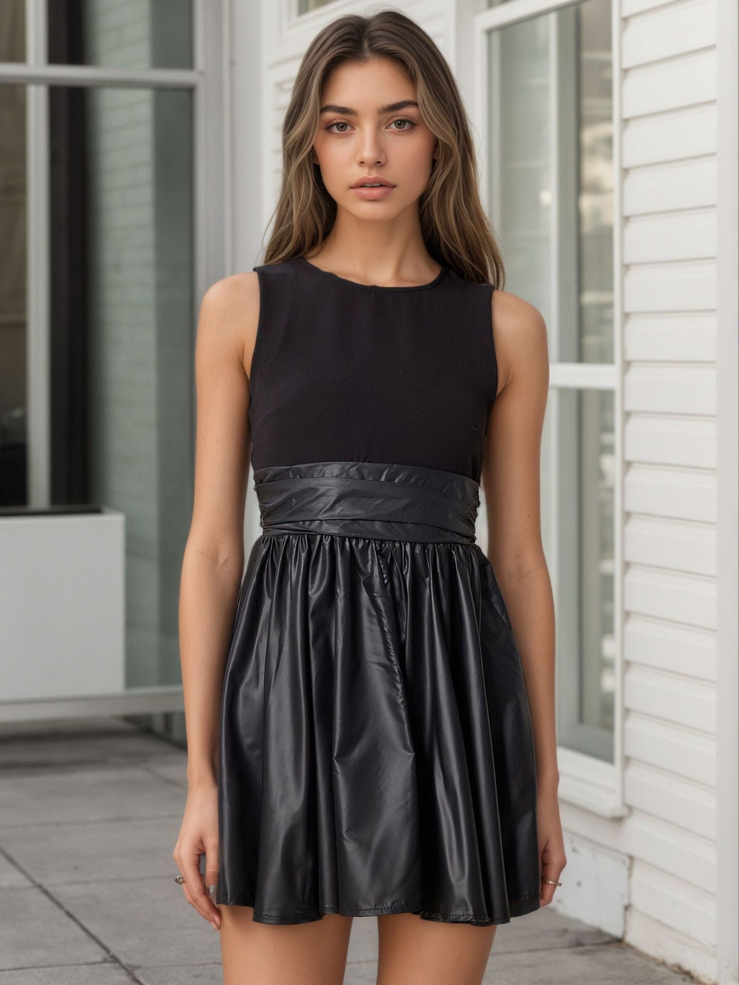 Sleeveless Round Neck A-Line Mini Dress with Faux Leather Splicing