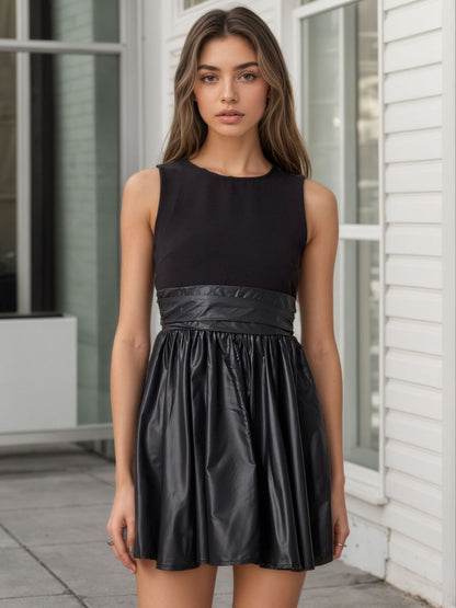Sleeveless Round Neck A-Line Mini Dress with Faux Leather Splicing