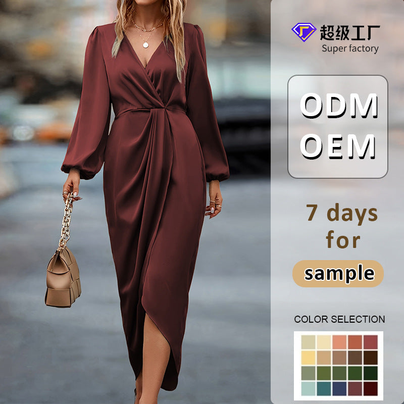 Polyester Draped Midi Dress with Crossover V-Neck and Long Puff Sleeves