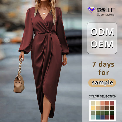 Polyester Draped Midi Dress with Crossover V-Neck and Long Puff Sleeves