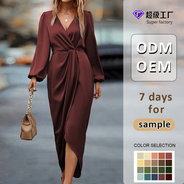 Polyester Draped Midi Dress with Crossover V-Neck and Long Puff Sleeves