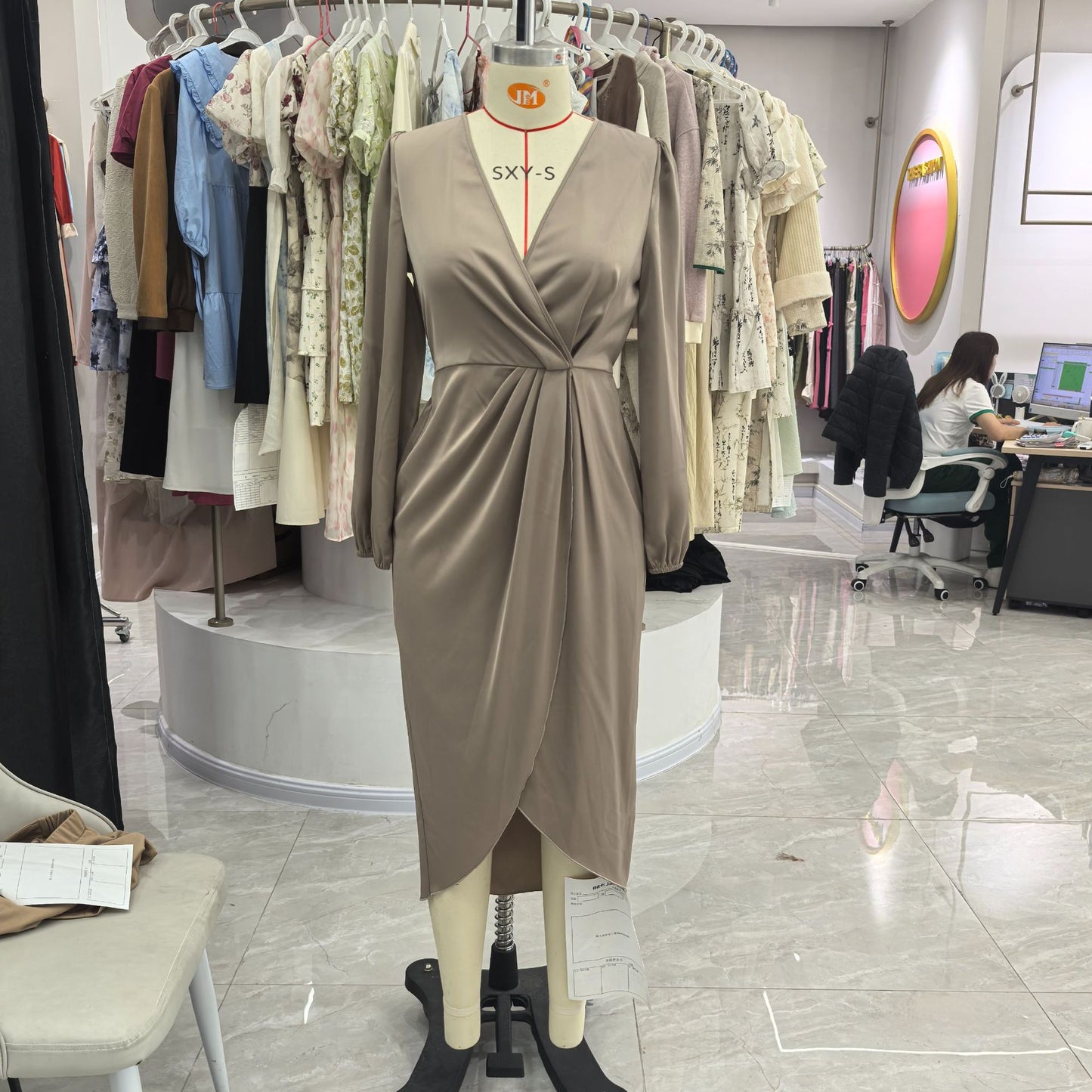 Polyester Draped Midi Dress with Crossover V-Neck and Long Puff Sleeves