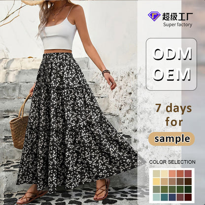 Small Floral Maxi Skirt with Tiered Splicing
