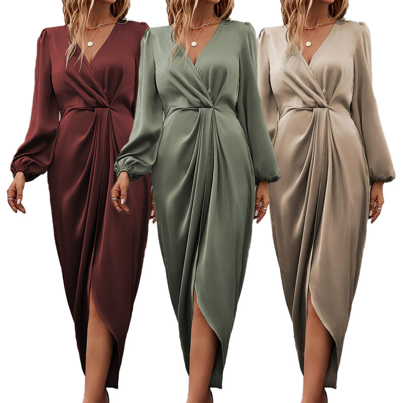 Polyester Draped Midi Dress with Crossover V-Neck and Long Puff Sleeves