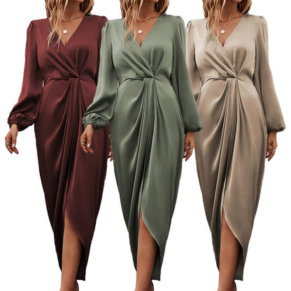 Polyester Draped Midi Dress with Crossover V-Neck and Long Puff Sleeves