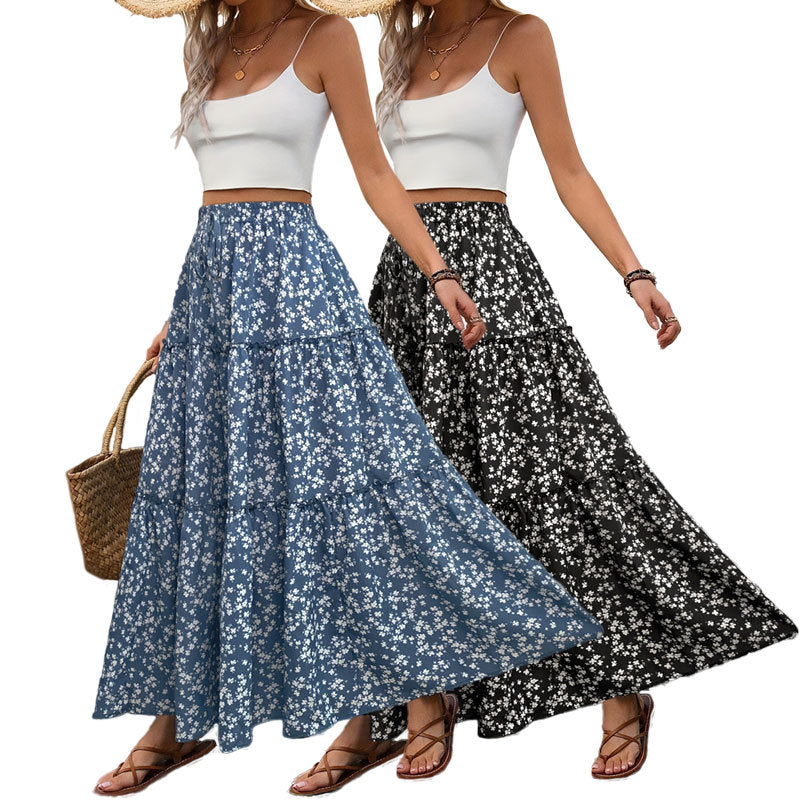 Small Floral Maxi Skirt with Tiered Splicing