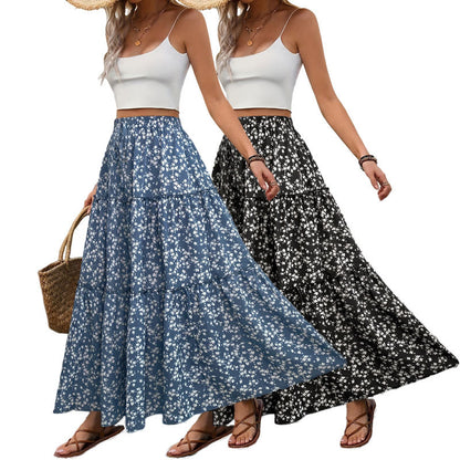 Small Floral Maxi Skirt with Tiered Splicing