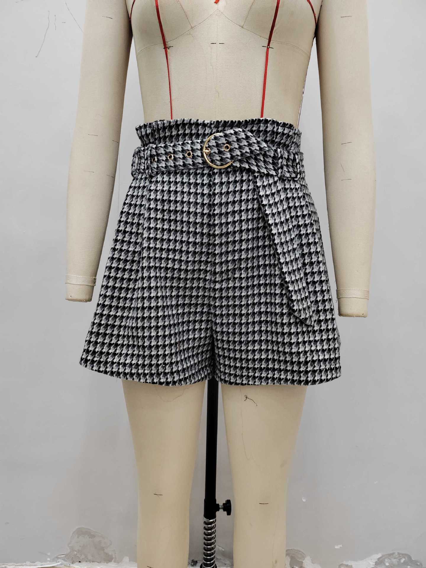 Houndstooth Pleated Shorts with High Waist and Belt