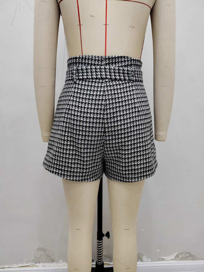 Houndstooth Pleated Shorts with High Waist and Belt
