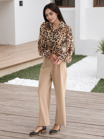 Leopard Print Blouse with Lapel Collar and Puff Sleeves
