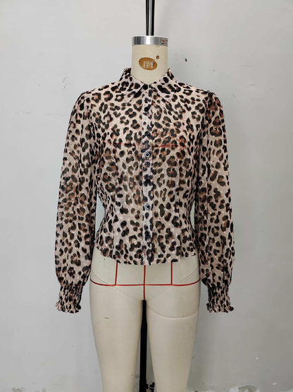 Leopard Print Blouse with Lapel Collar and Puff Sleeves