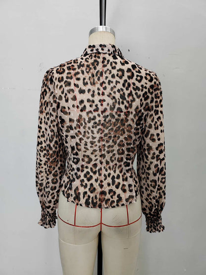 Leopard Print Blouse with Lapel Collar and Puff Sleeves