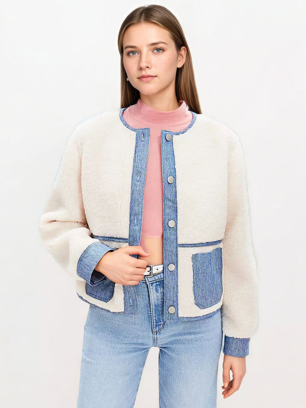 Cropped Faux Shearling Jacket with Denim Trim