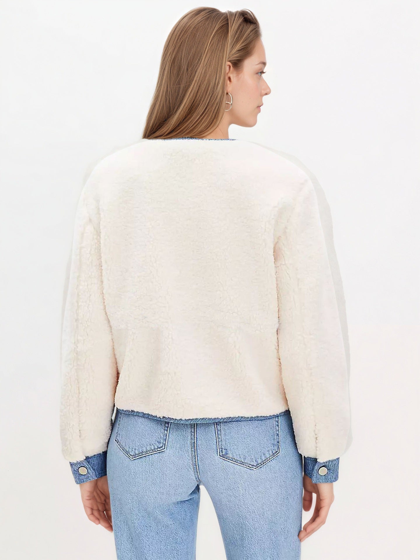 Cropped Faux Shearling Jacket with Denim Trim
