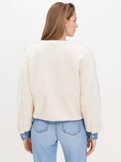Cropped Faux Shearling Jacket with Denim Trim
