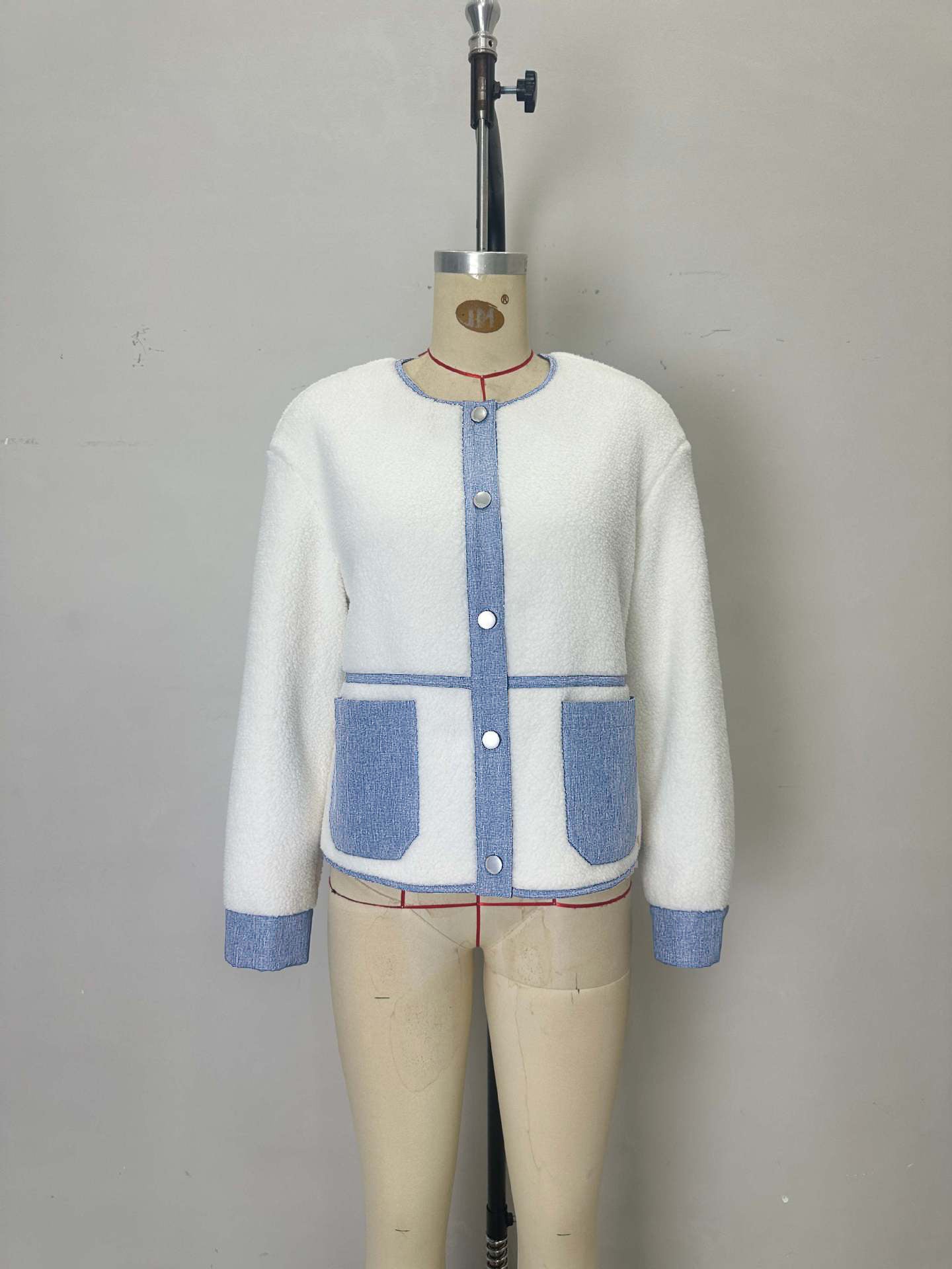 Cropped Faux Shearling Jacket with Denim Trim