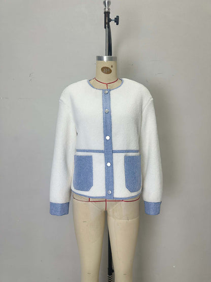 Cropped Faux Shearling Jacket with Denim Trim
