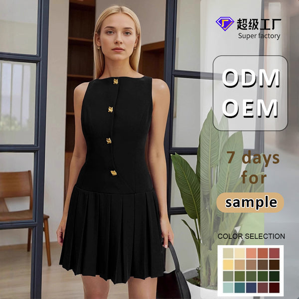 Sleeveless Sheath Mini Dress with Pleated Skirt and Gold Buttons