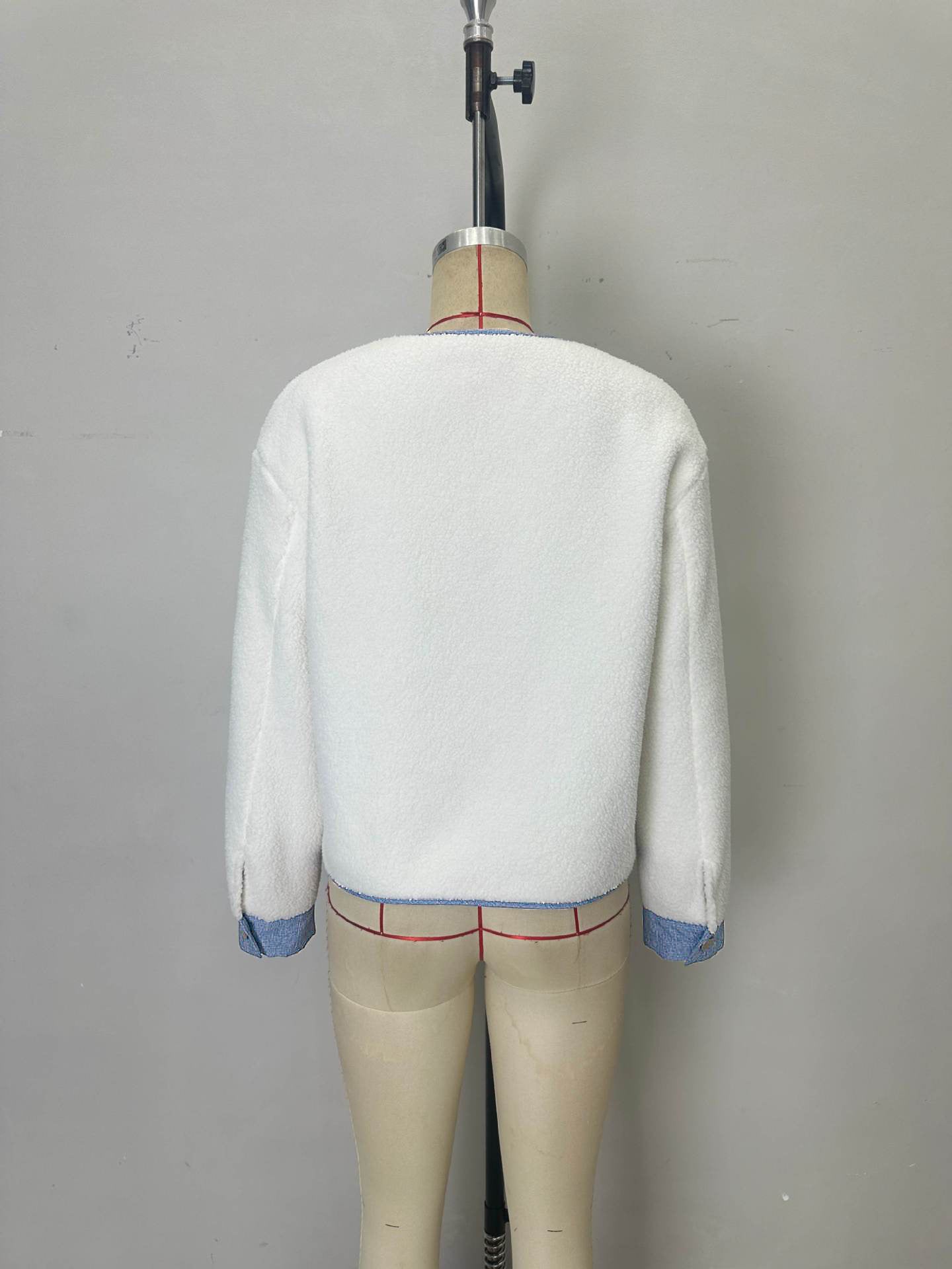 Cropped Faux Shearling Jacket with Denim Trim