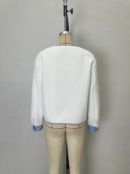 Cropped Faux Shearling Jacket with Denim Trim