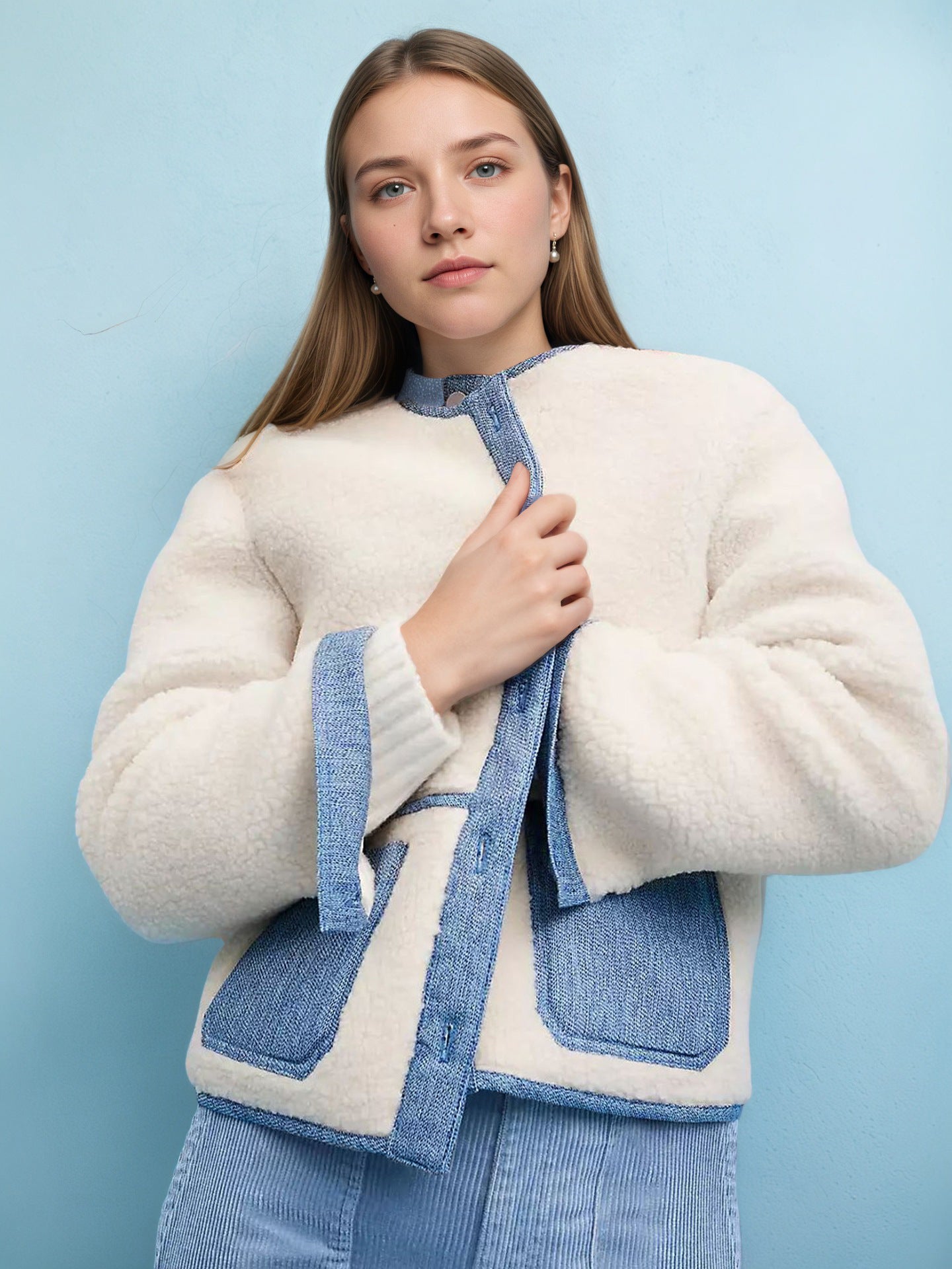 Cropped Faux Shearling Jacket with Denim Trim