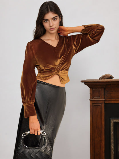 Cropped Velvet V-Neck Top with Twist Front and Puff Sleeves